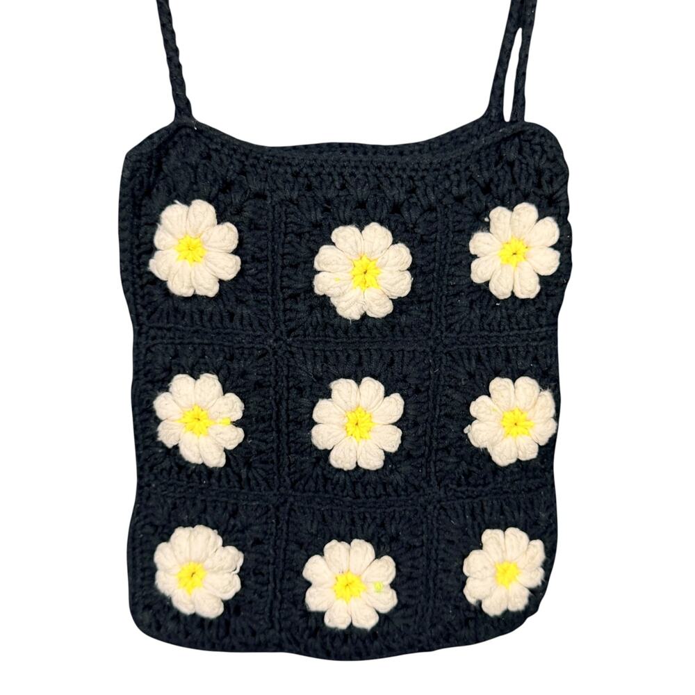 Crochet Black White Daisy Flower Motif Granny Square Small Tote Bag 11"W x 12"H